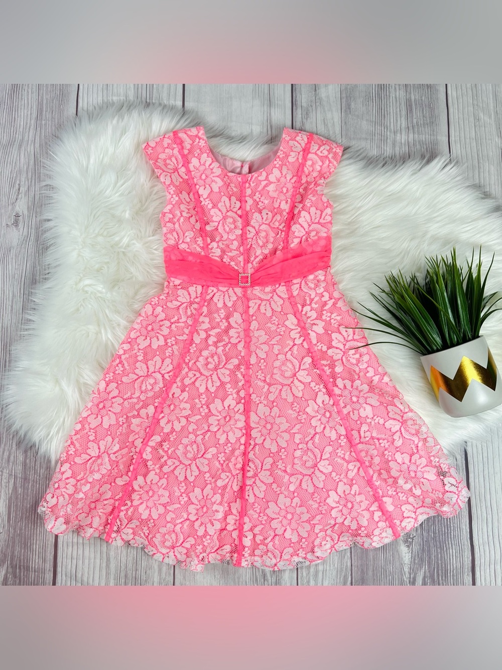 Girls Hot Pink Lace Dress Size 7 Party Wedding Church Formal Bright